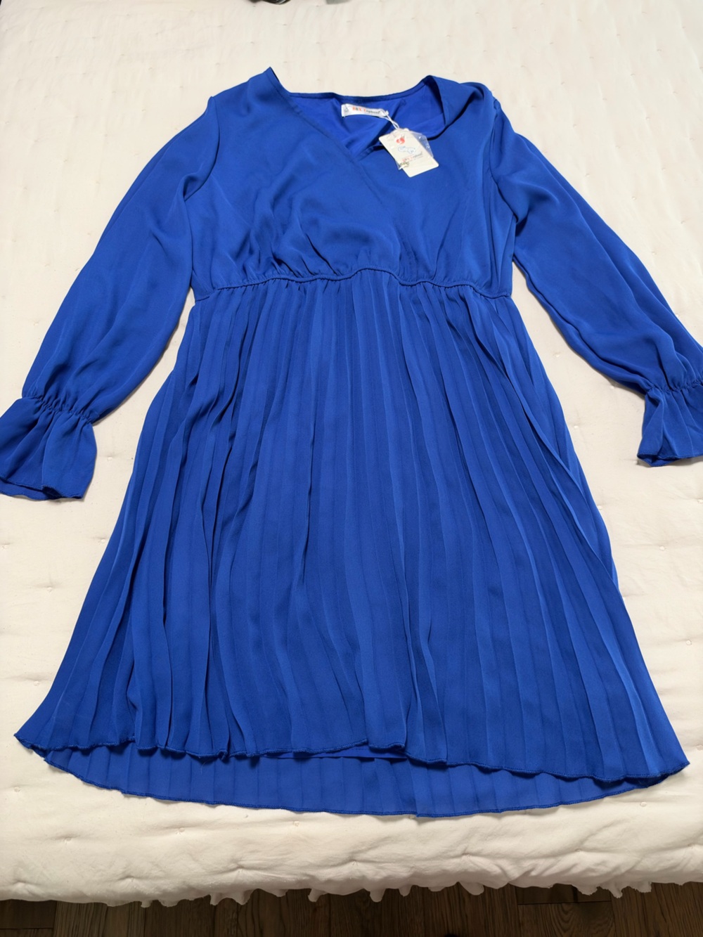 Women's Royal Blue Pleated Long-Sleeve Dress